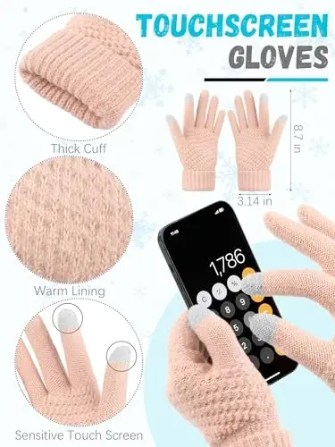 Winter Hat Scarf Gloves and Ear Warmer, Warm Knit Beanie Hat Touch Screen Gloves Set Winter Gifts Neck Scarves for Women - 3