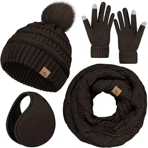 Winter Hat Scarf Gloves and Ear Warmer, Warm Knit Beanie Hat Touch Screen Gloves Set Winter Gifts Neck Scarves for Women 
