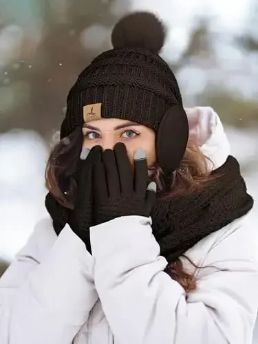 Winter Hat Scarf Gloves and Ear Warmer, Warm Knit Beanie Hat Touch Screen Gloves Set Winter Gifts Neck Scarves for Women - 6