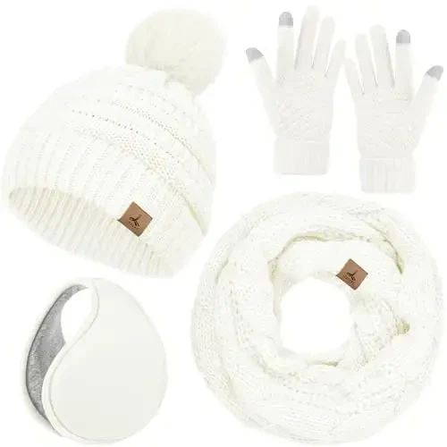 Winter Hat Scarf Gloves and Ear Warmer, Warm Knit Beanie Hat Touch Screen Gloves Set Winter Gifts Neck Scarves for Women 