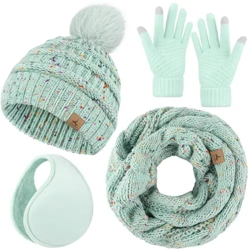 Winter Hat Scarf Gloves and Ear Warmer, Warm Knit Beanie Hat Touch Screen Gloves Set Winter Gifts Neck Scarves for Women 