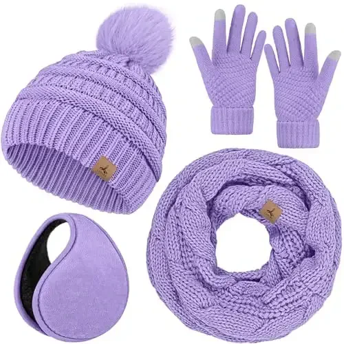 Winter Hat Scarf Gloves and Ear Warmer, Warm Knit Beanie Hat Touch Screen Gloves Set Winter Gifts Neck Scarves for Women - 1