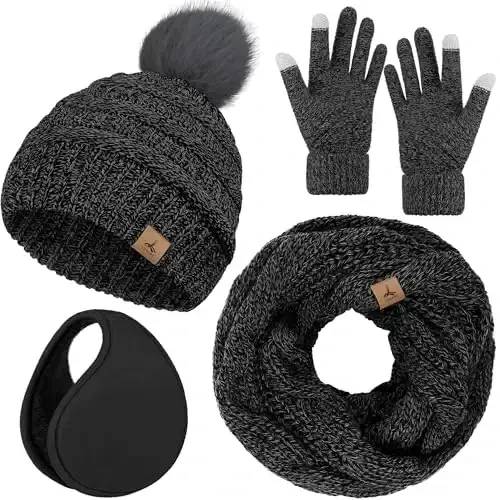 Winter Hat Scarf Gloves and Ear Warmer, Warm Knit Beanie Hat Touch Screen Gloves Set Winter Gifts Neck Scarves for Women - 1