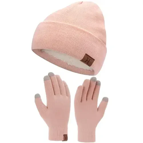 Winter Warm Beanie Hat Touchscreen Gloves Set, Soft Skull Cap Gloves Set for Men and Women with Warm Knit Fleece Lined - 2