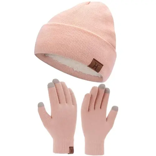 Winter Warm Beanie Hat Touchscreen Gloves Set, Soft Skull Cap Gloves Set for Men and Women with Warm Knit Fleece Lined - 2