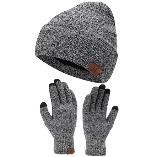 Winter Warm Beanie Hat Touchscreen Gloves Set, Soft Skull Cap Gloves Set for Men and Women with Warm Knit Fleece Lined 