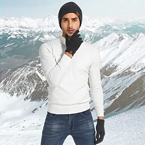 Winter Warm Beanie Hat Touchscreen Gloves Set, Soft Skull Cap Gloves Set for Men and Women with Warm Knit Fleece Lined - 6