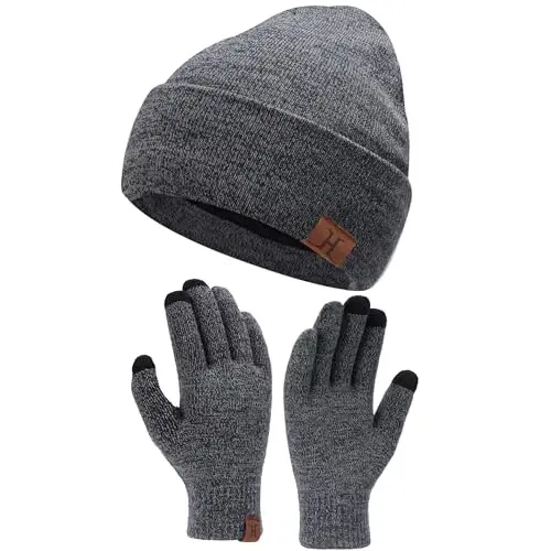 Winter Warm Beanie Hat Touchscreen Gloves Set, Soft Skull Cap Gloves Set for Men and Women with Warm Knit Fleece Lined 