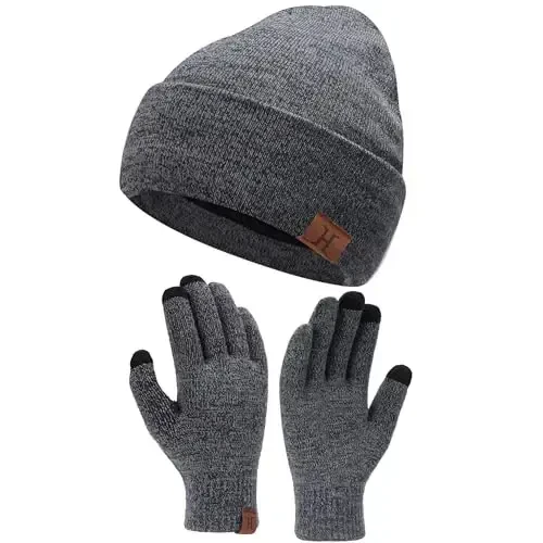 Winter Warm Beanie Hat Touchscreen Gloves Set, Soft Skull Cap Gloves Set for Men and Women with Warm Knit Fleece Lined 