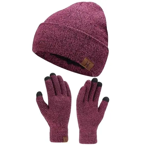 Winter Warm Beanie Hat Touchscreen Gloves Set, Soft Skull Cap Gloves Set for Men and Women with Warm Knit Fleece Lined 