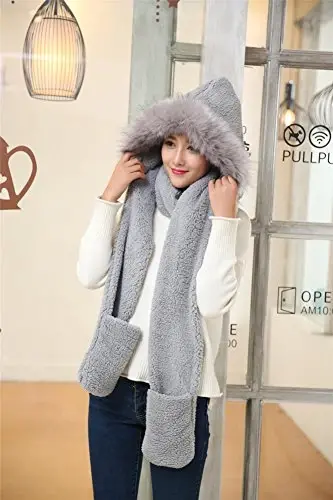 Winter Warm Women Siamese Hoodie Gloves Pocket Earflap Hat Long Scarf Shawl Wraps - 4