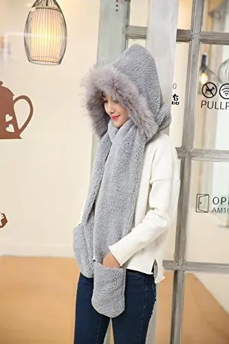 Winter Warm Women Siamese Hoodie Gloves Pocket Earflap Hat Long Scarf Shawl Wraps - 5