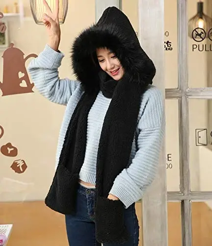 Winter Warm Women Siamese Hoodie Gloves Pocket Earflap Hat Long Scarf Shawl Wraps - 3