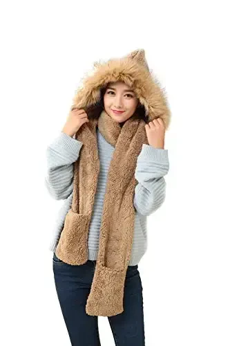 Winter Warm Women Siamese Hoodie Gloves Pocket Earflap Hat Long Scarf Shawl Wraps 