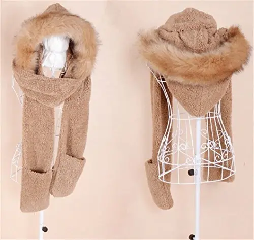 Winter Warm Women Siamese Hoodie Gloves Pocket Earflap Hat Long Scarf Shawl Wraps - 2