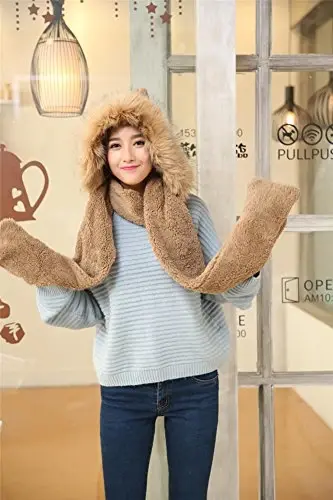 Winter Warm Women Siamese Hoodie Gloves Pocket Earflap Hat Long Scarf Shawl Wraps - 3