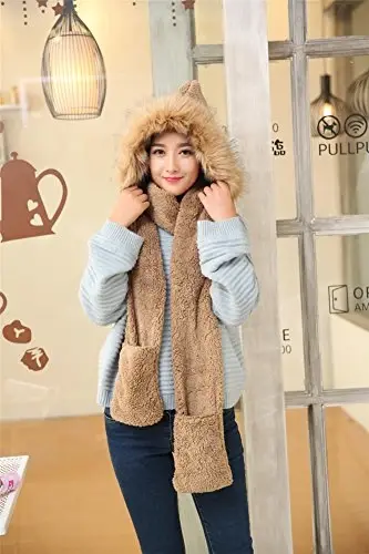 Winter Warm Women Siamese Hoodie Gloves Pocket Earflap Hat Long Scarf Shawl Wraps - 5