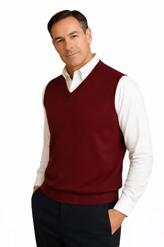 Kışlık V Yaka Düz İnce Yün Bordo Baba Süveter-Bordo - 3