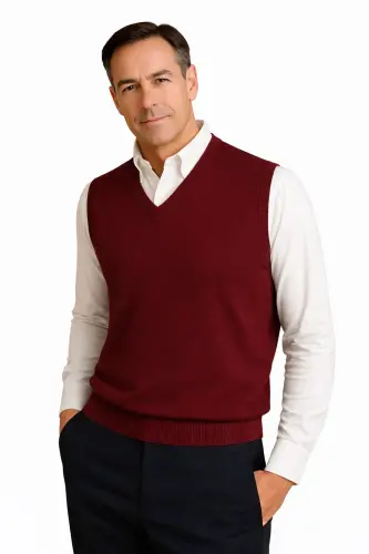 Kışlık V Yaka Düz İnce Yün Bordo Baba Süveter-Bordo - BURSPA (1)