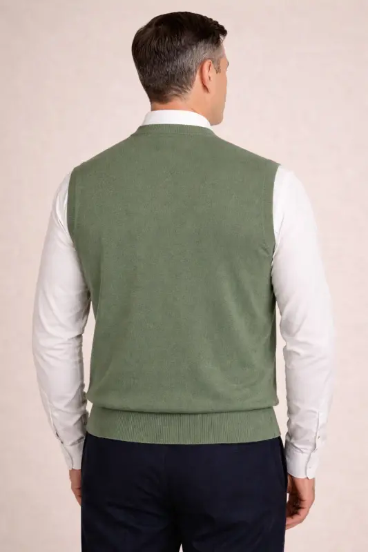 Kışlık V Yaka Düz Ince Yün Haki Baba Süveter-Haki - 4