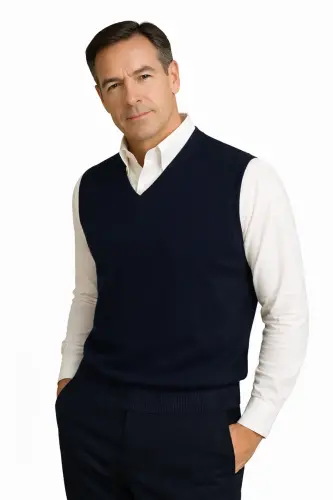 Kışlık V Yaka Düz İnce Yün Lacivert Baba Süveter-LACİVERT - 3