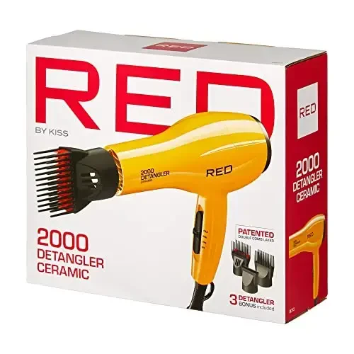 RED by KISS 2000 Ceramic Hair Dryer, Professional Salon Blow Dryer 3 AttacModazoneents Included, 2 Detangler Piks, 1 Air Concentrator (Yellow) - 6