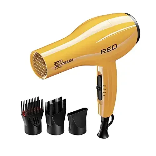 RED by KISS 2000 Ceramic Hair Dryer, Professional Salon Blow Dryer 3 AttacModazoneents Included, 2 Detangler Piks, 1 Air Concentrator (Yellow) - RED BY KISS