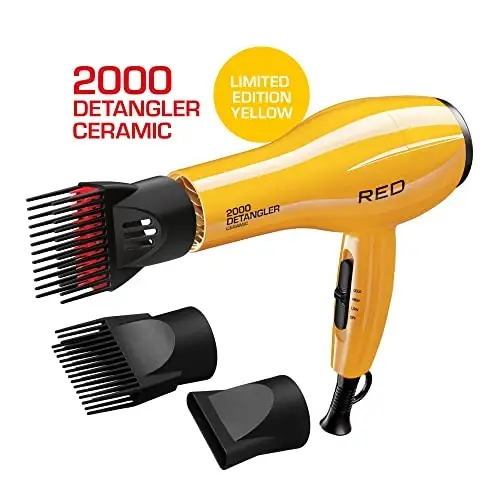 RED by KISS 2000 Ceramic Hair Dryer, Professional Salon Blow Dryer 3 AttacModazoneents Included, 2 Detangler Piks, 1 Air Concentrator (Yellow) - RED BY KISS (1)