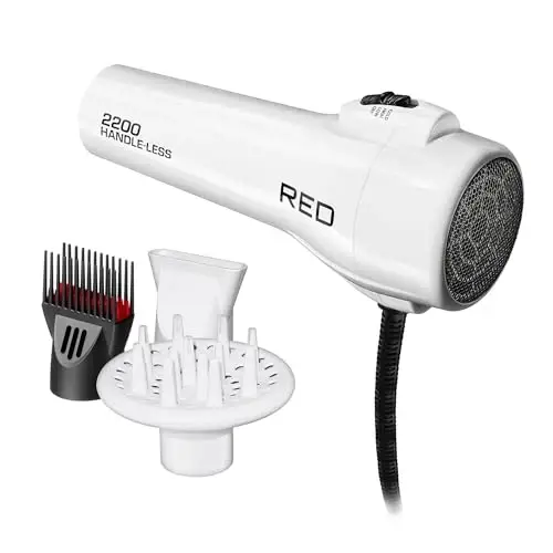 Red by KISS HandleLess Blow Dryer 2200W Ceramic Tourmaline White Color, 3 Heat Settings, Pik and Diffuser Included Comfortable Grip, Ionic for Frizz-Free Shine, Detangler & Straightening 