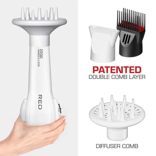 Red by KISS HandleLess Blow Dryer 2200W Ceramic Tourmaline White Color, 3 Heat Settings, Pik and Diffuser Included Comfortable Grip, Ionic for Frizz-Free Shine, Detangler & Straightening - 4