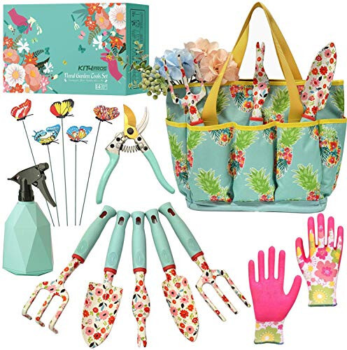 Kit4Pros Floral Garden Tool Set | Gardening Gifts for Women Birthday | Heavy Duty Tools Kit | Storage Tote Bag Organizer | Pruning Shears | Gardener Gloves | Sprayer | Weeder | Trowel (Floral Set) - 1