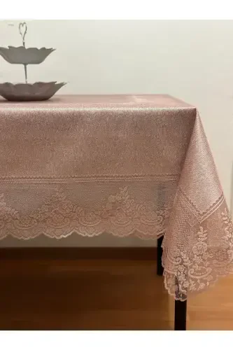 Китайский узор, безупречная, устойчивая к пятнам скатерть с кружевом, пудра, 160x220 см - пудра - 1
