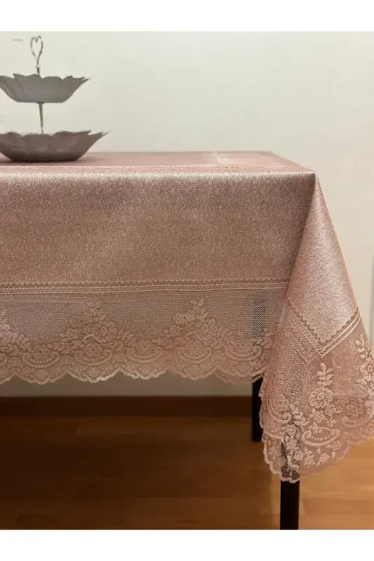 Китайский узор, безупречная, устойчивая к пятнам скатерть с кружевом, пудра, 160x220 см - пудра - MADAME CLEAN HOME