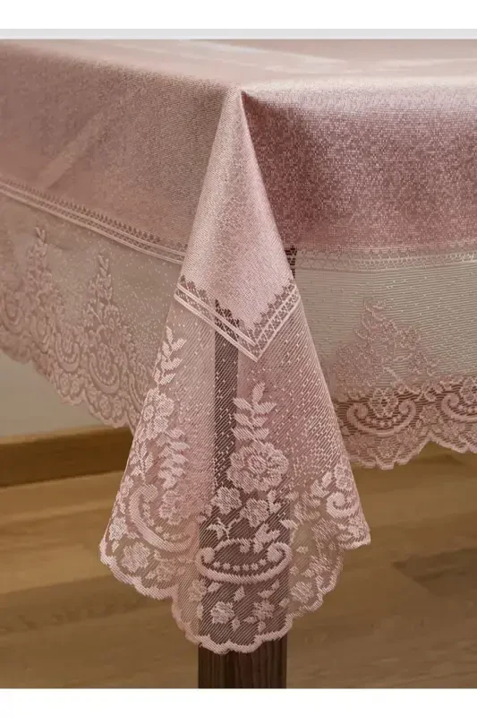 Китайский узор, безупречная, устойчивая к пятнам скатерть с кружевом, пудра, 160x220 см - пудра - 2