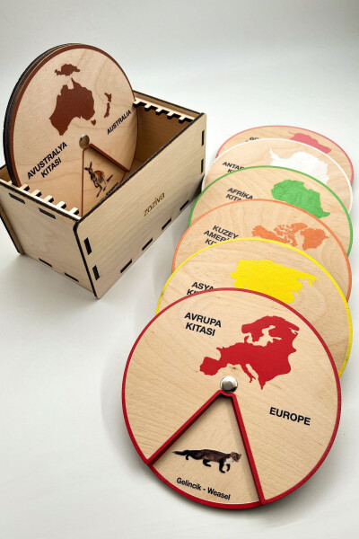 Kıtalarda Yaşayan Hayvanları Öğreniyorum, Montessori Eğitici Ahşap Çark Oyuncağı, 7 Kıta ve Kutusu - kayın - 2