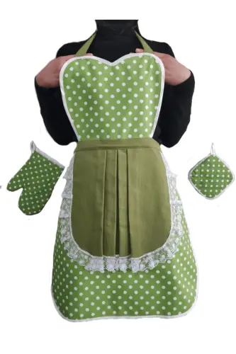 Kitchen Apron Holder Glove Green Polka Dot Set-Green 