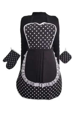 Kitchen Apron Holder Glove Set Black Polka Dot Waterproof-black - 1