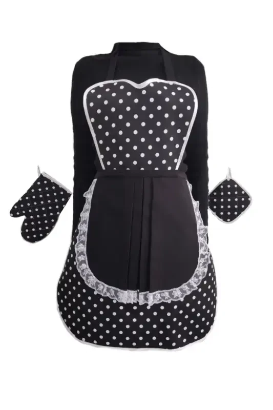 Kitchen Apron Holder Glove Set Black Polka Dot Waterproof-black - MOT DEKOR