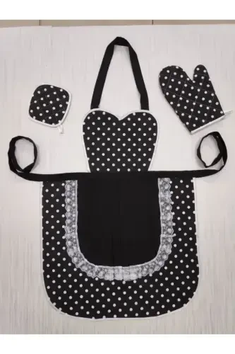 Kitchen Apron Holder Glove Set Black Polka Dot Waterproof-black - 2