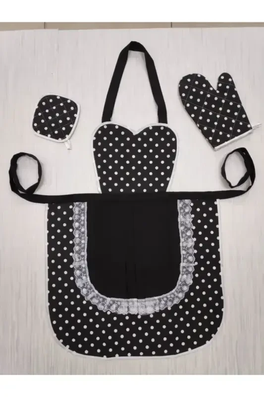 Kitchen Apron Holder Glove Set Black Polka Dot Waterproof-black - 2
