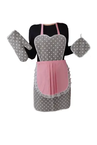 Kitchen Apron Holder Glove Set Gray Pink Polka Dot Set T5643-powder pink 