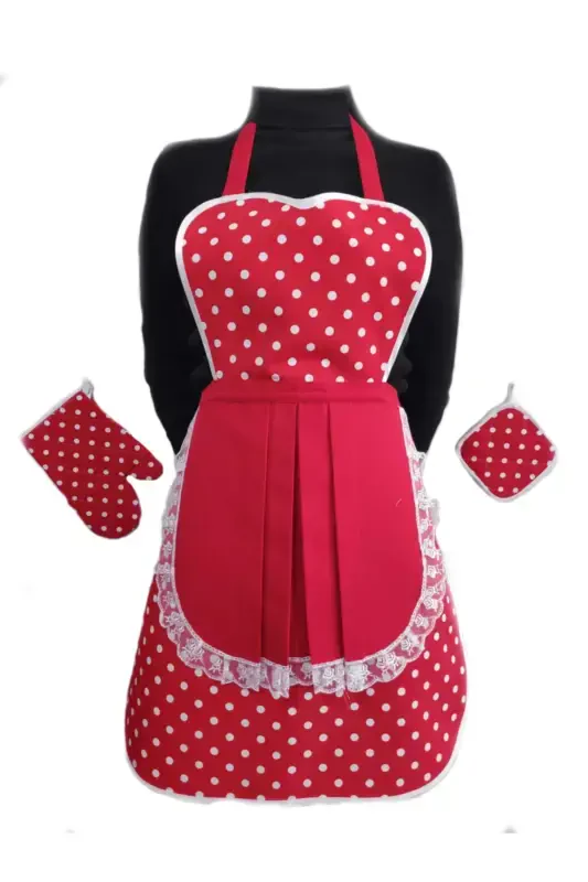 Kitchen Apron Holder Glove Set Red Polka Dot Set T5643-RED - MOT DEKOR