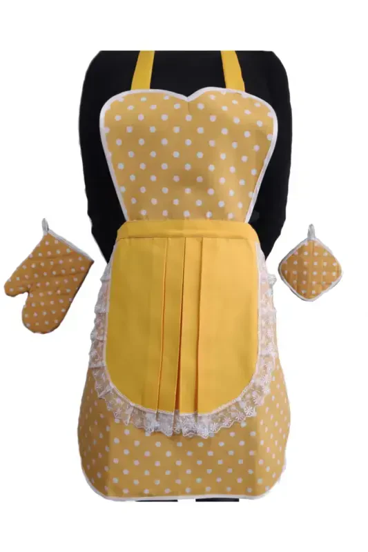 Kitchen Apron Holder Glove Set Yellow Polka Dot Waterproof-YELLOW - 1