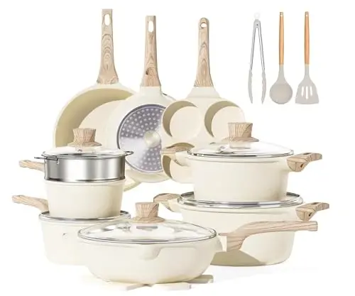 Kitchen Cookware Sets, 21 Pcs Pots and Pans Set Non Stick, Granite Induction Cookware With Steamer Basket, Nonstick Cooking Pot and Pan Set, 4-Cup Egg Pan Set, PFOS PFOA Free, Cream White - CAANNASWEIS