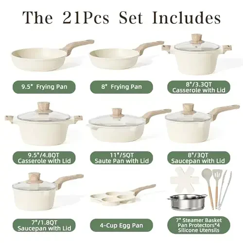 Kitchen Cookware Sets, 21 Pcs Pots and Pans Set Non Stick, Granite Induction Cookware With Steamer Basket, Nonstick Cooking Pot and Pan Set, 4-Cup Egg Pan Set, PFOS PFOA Free, Cream White - 2