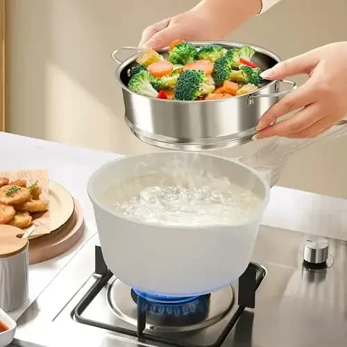 Kitchen Cookware Sets, 21 Pcs Pots and Pans Set Non Stick, Granite Induction Cookware With Steamer Basket, Nonstick Cooking Pot and Pan Set, 4-Cup Egg Pan Set, PFOS PFOA Free, Cream White - 5