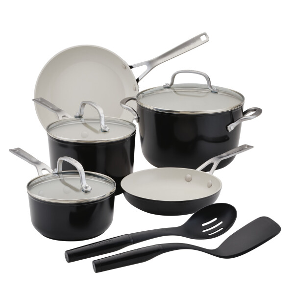 KitchenAid 10 Piece Nonstick Cookware Pots and Pans Set, Onyx Black - 14