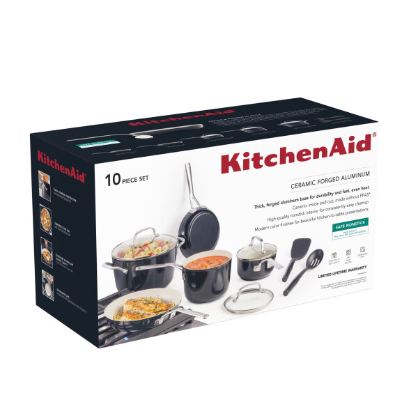 KitchenAid 10 Piece Nonstick Cookware Pots and Pans Set, Onyx Black - 26