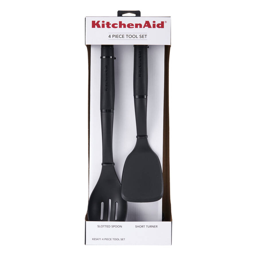 KitchenAid 4-Piece Plastic Kitchen Utensil Set Includes Spoon, Turner, Pasta Fork, and Spatula - 7