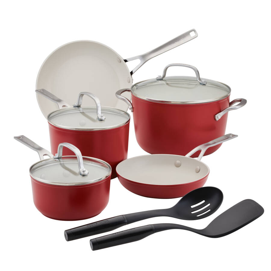 KitchenAid Ceramic Forged Aluminum 10 Piece Nonstick Cookware Pots and Pans Set, Empire Red - 1